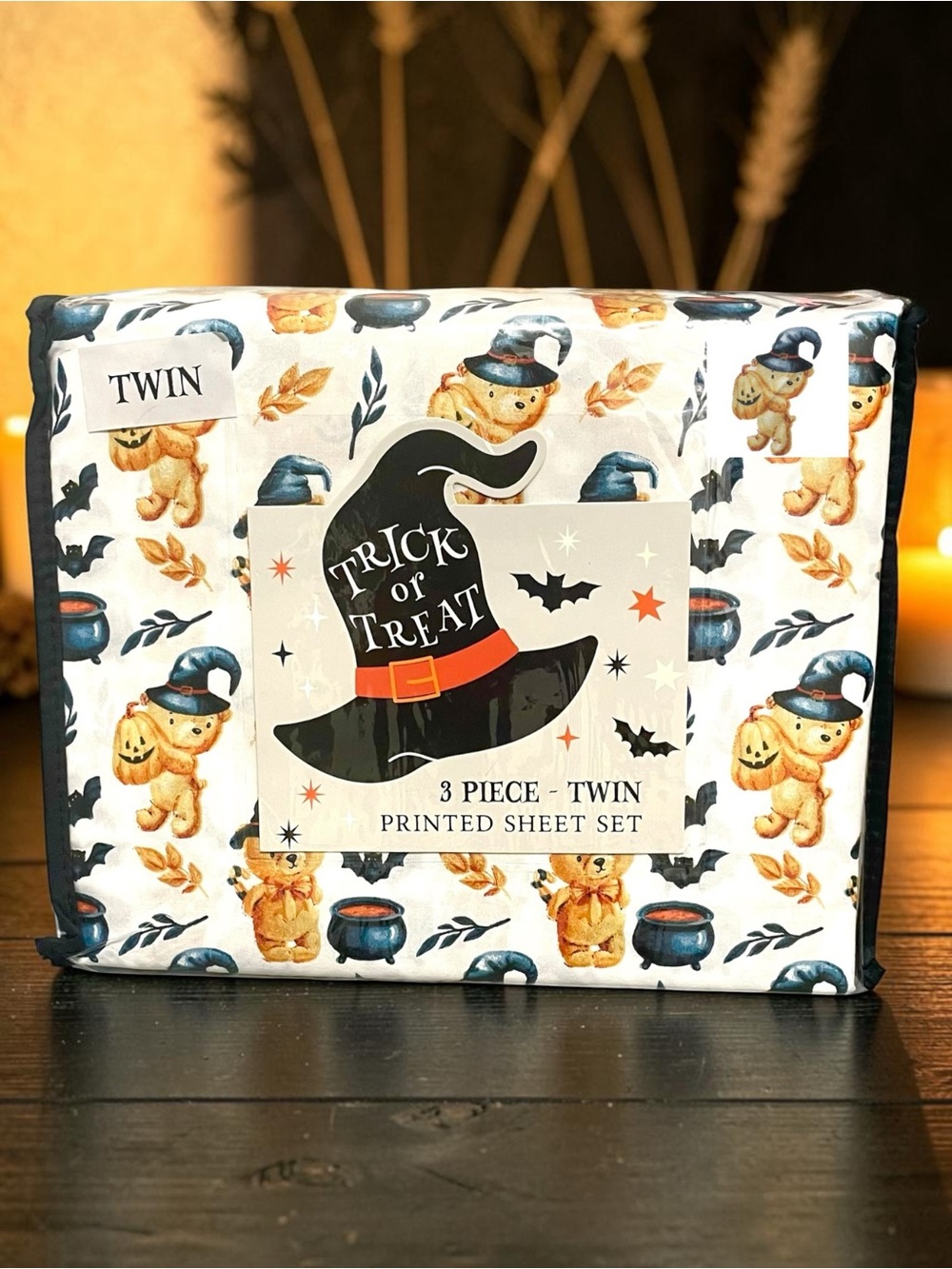 Autumn Halloween Teddy Bear 3-pc DP Twin Sheet Set Leaves Kettles Bats NEW NIP